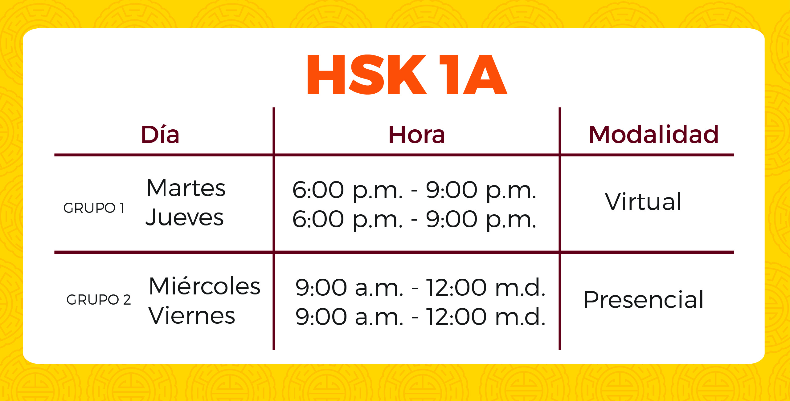 Horario HSK 1